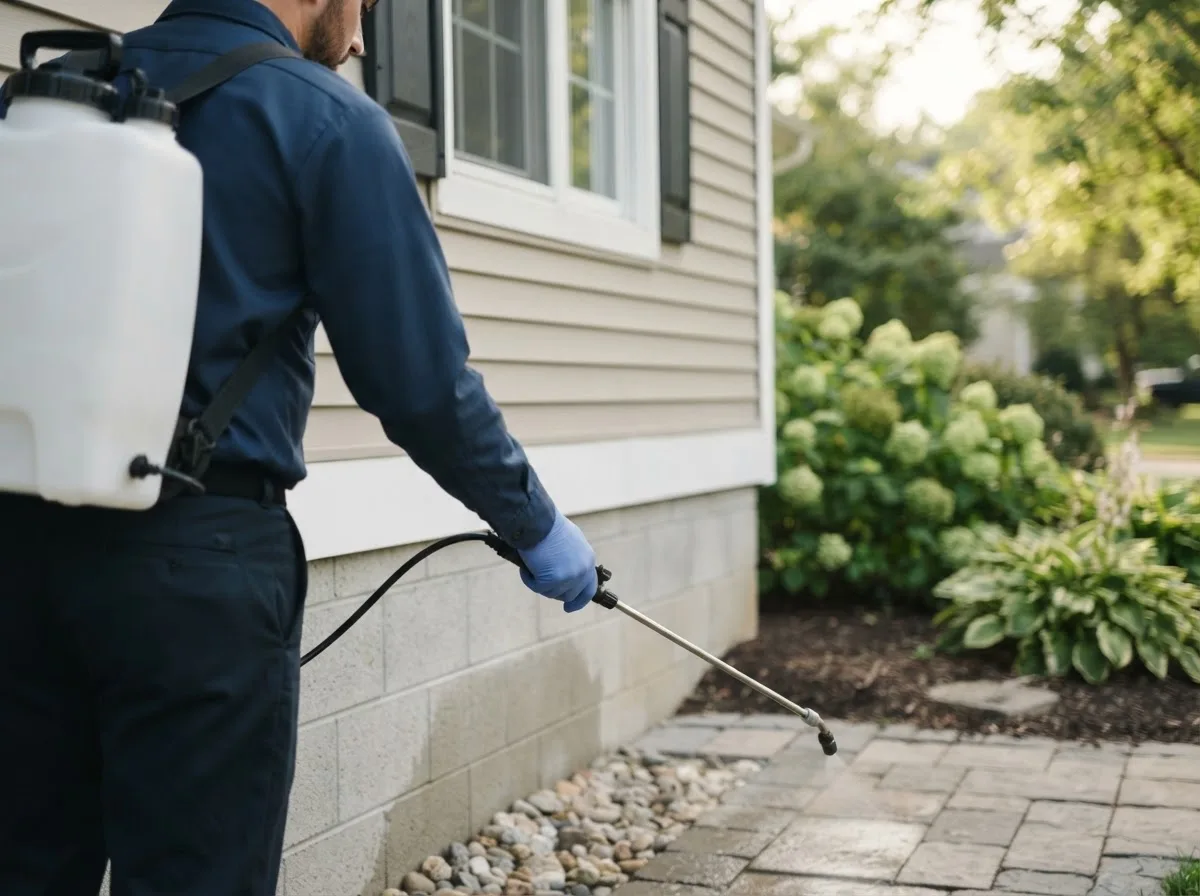 Pest control technician inspecting a home in Chichester, NY